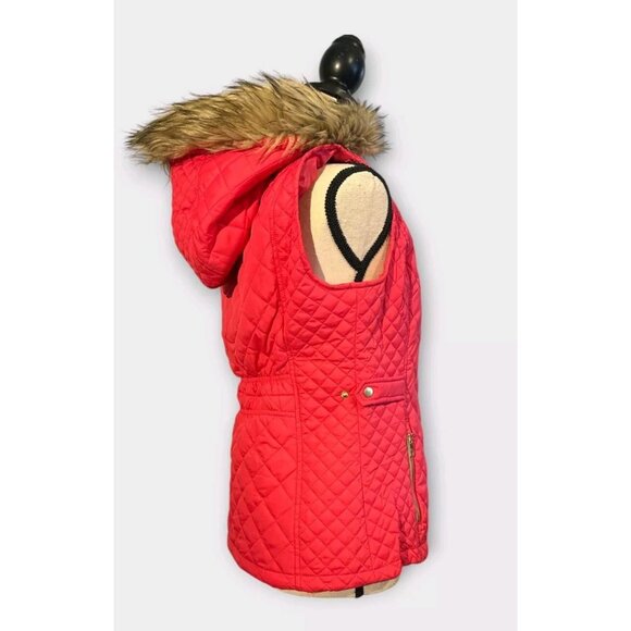 C'ESTTOI Womens Sz M Hooded Puffer Vest Detachable Faux Fur Hood Pink/Orange - Picture 3 of 7